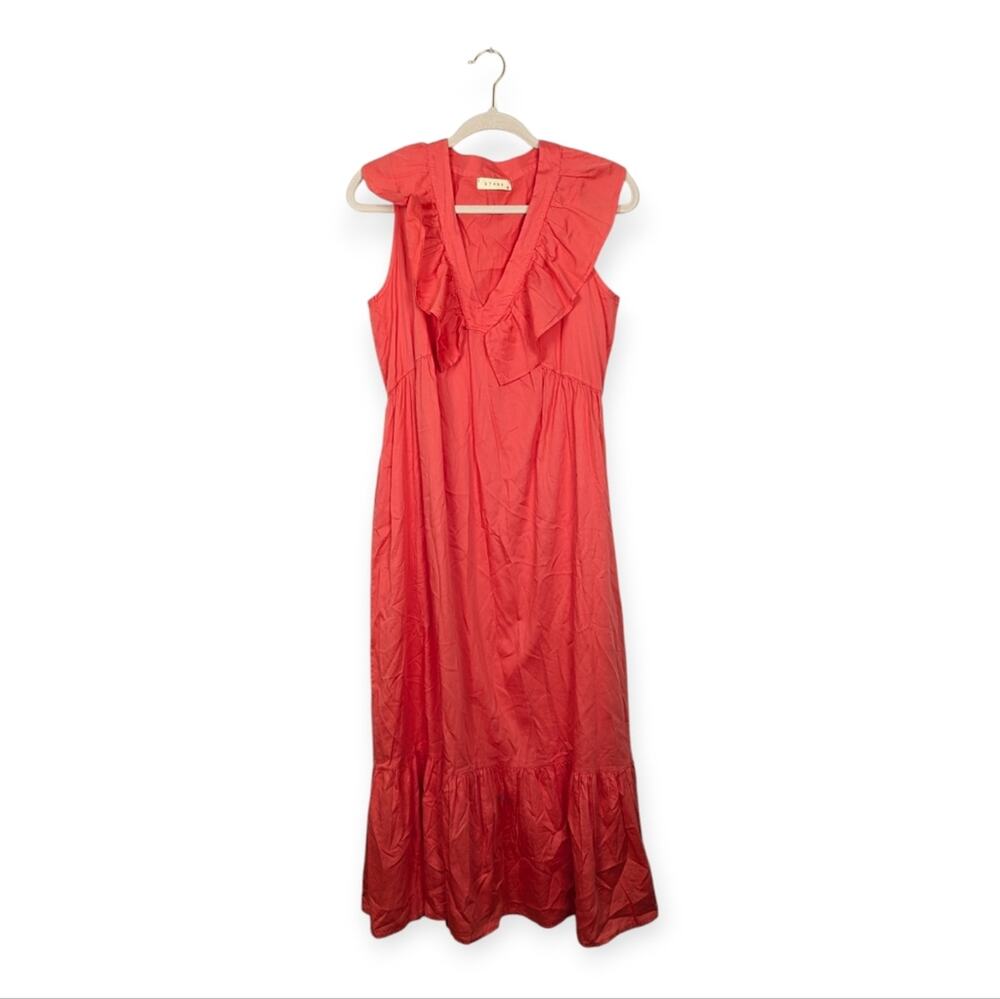STARKx Maxi Dress M Coral Ruffle V Neck Sleeveless Flowy Feminine